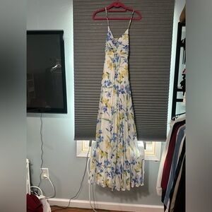 Express blue & yellow pleated floral maxi dress with spaghetti straps size M